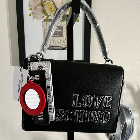 LOVE MOSCHINO NWT AUTHENTIC LOGO-CHARM BLACK FAUX LEATHER SATCHEL BAG - Picture 9 of 17